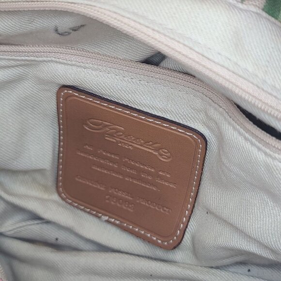 Fossil Woven Tan Shoulder Bag Leather Accents Striped Interior - Picture 8 of 11